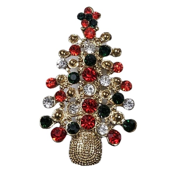 Vintage Rhinestone Christmas Tree Brooch Red, Green & Clear Crystals, Gold - Picture 1 of 3